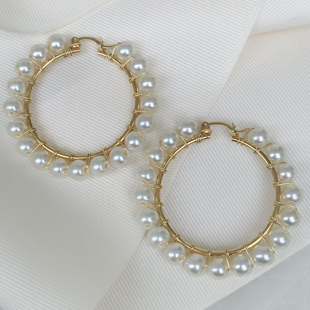 Bonitas Arracadas Grandes de Perlas en Oro Laminado Modelo 102-AR-L150