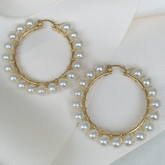Bonitas Arracadas Grandes de Perlas en Oro Laminado Modelo 102-AR-L150