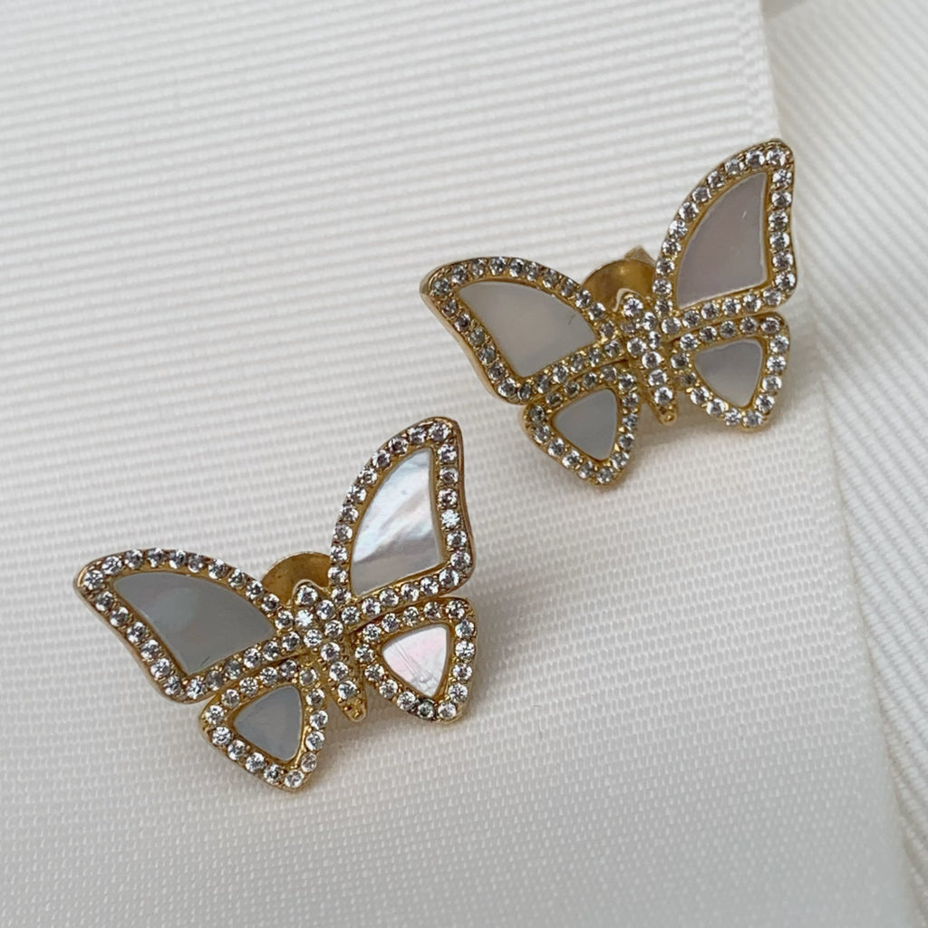 Aretes de Mariposas en Madre Perla y Plata Dorada Modelo 82-AR-L30A75