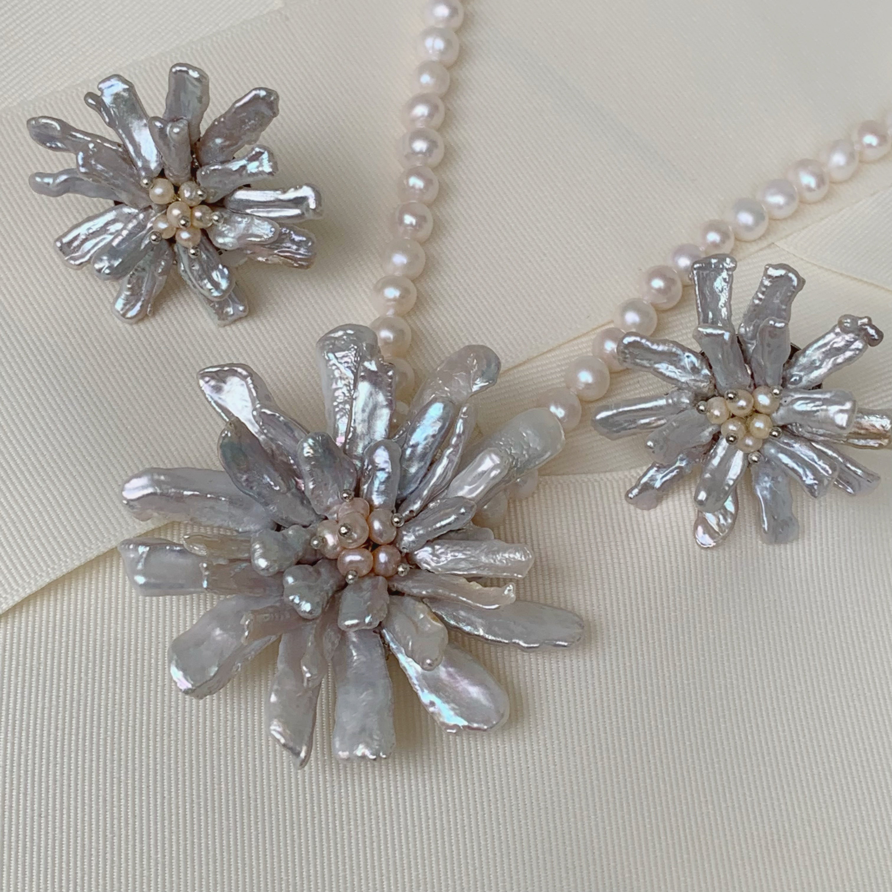 Divino Juego de Collar con Dije-Prendedor y Aretes en Perla Keshi y Sterling Silver 55-CLL-L160A00