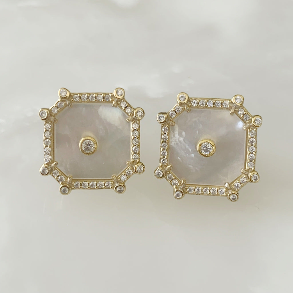Cadena con Dije Octágono y Aretes en Madre Perla y Plata Dorada  22-CD-AR-L15A25-L17A50
