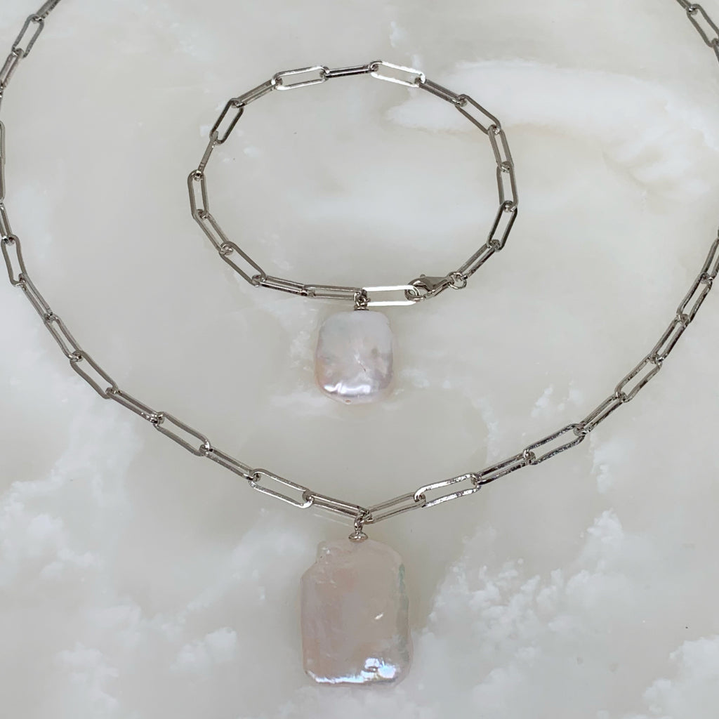 Juego de Cadena con Dije y Pulsera con Perla en Plata 60-CD-P-L29-L15