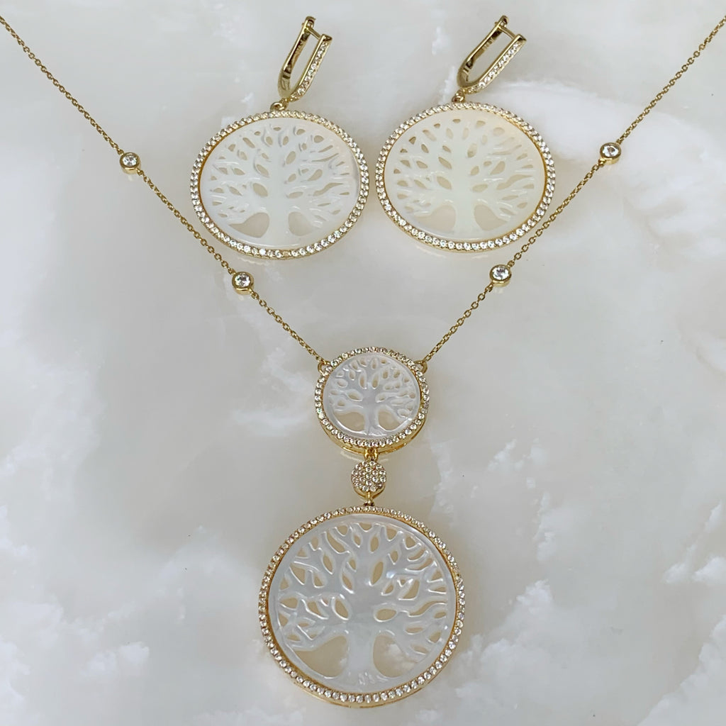 Hermoso Juego de Cadena con Dije y Aretes en Madre Perla y Plata Dorada 67-CD-AR-L39-L39A25