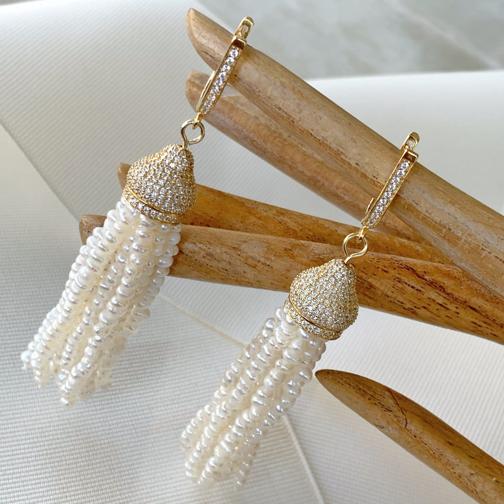 Aretes Tassel de Perlas y Plata Dorada 01-AR-L42