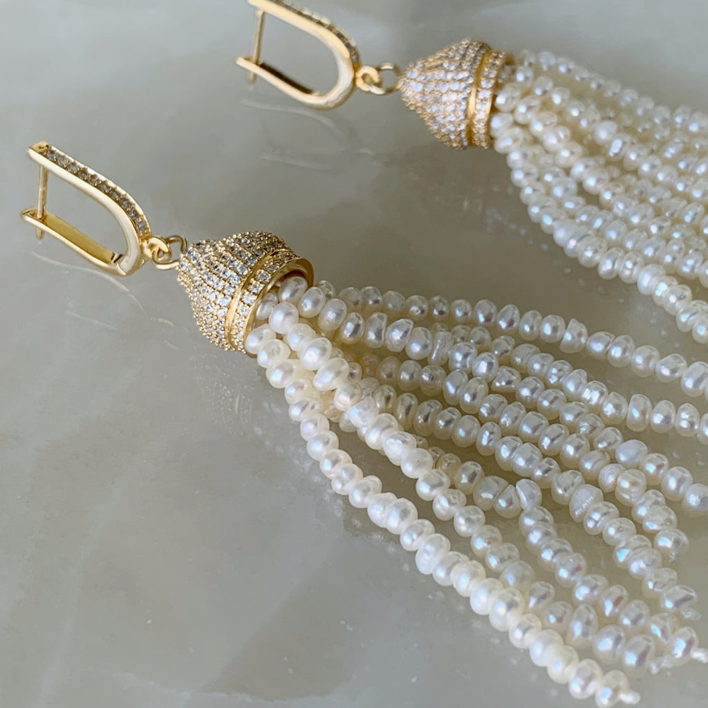 Aretes Tassel de Perlas y Plata Dorada 01-AR-L42