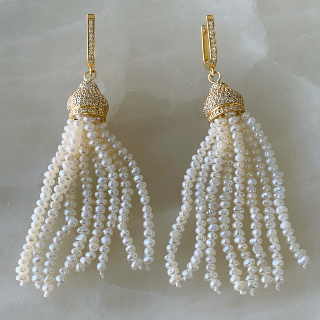 Aretes Tassel de Perlas y Plata Dorada 01-AR-L42