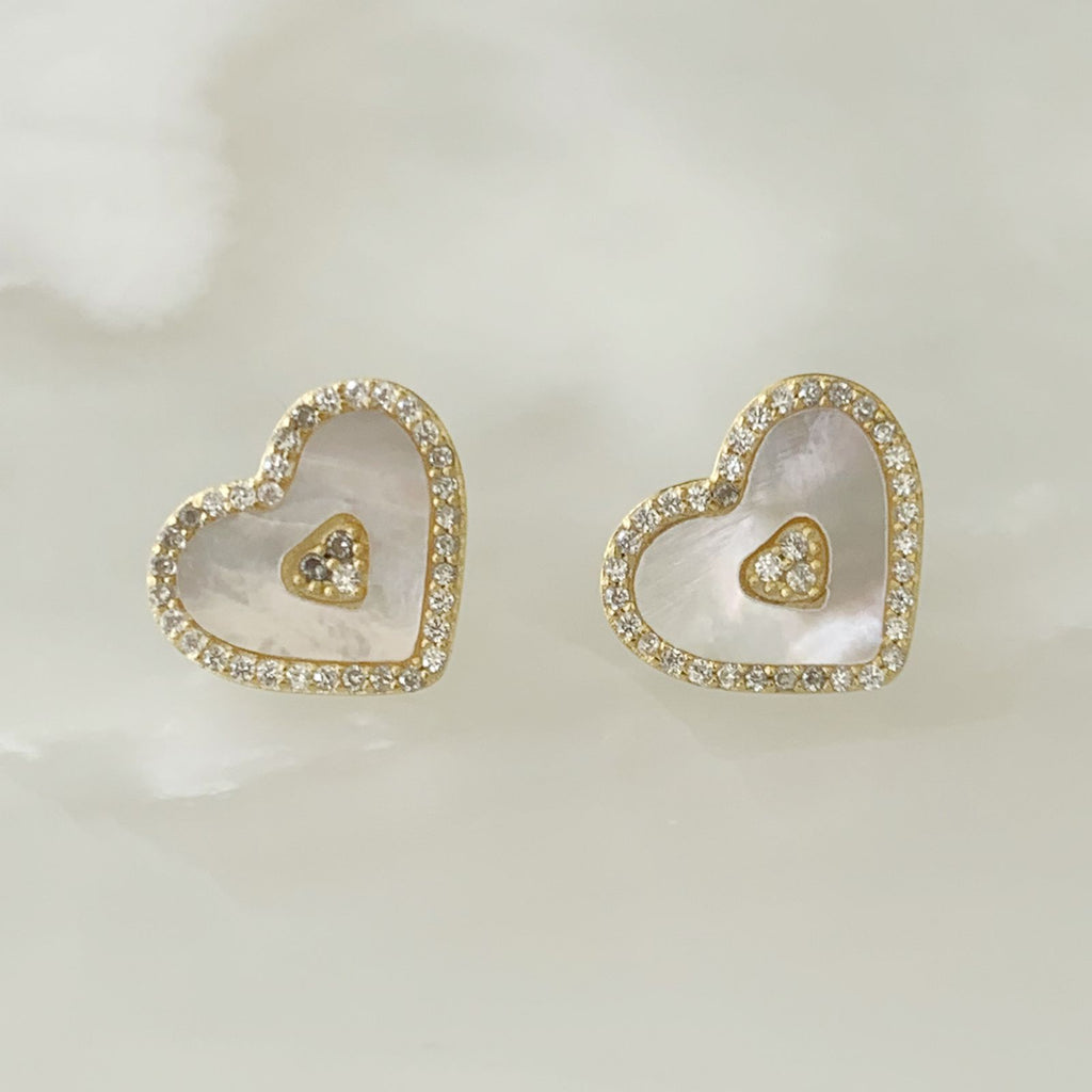 Aretes de Corazón en Madre Perla y Plata Dorada 14-AR-L15A75