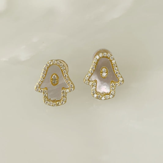Aretes Mano de Fátima en Madre Perla y Plata Dorada 15-AR-L14A25